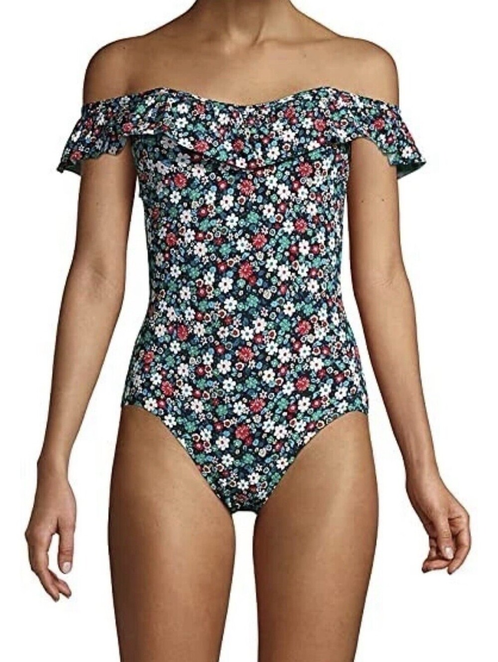 Lands End Women Tummy Control Off Shoulder Ruffle 1-Piece Size 14 NWT Swimsuit